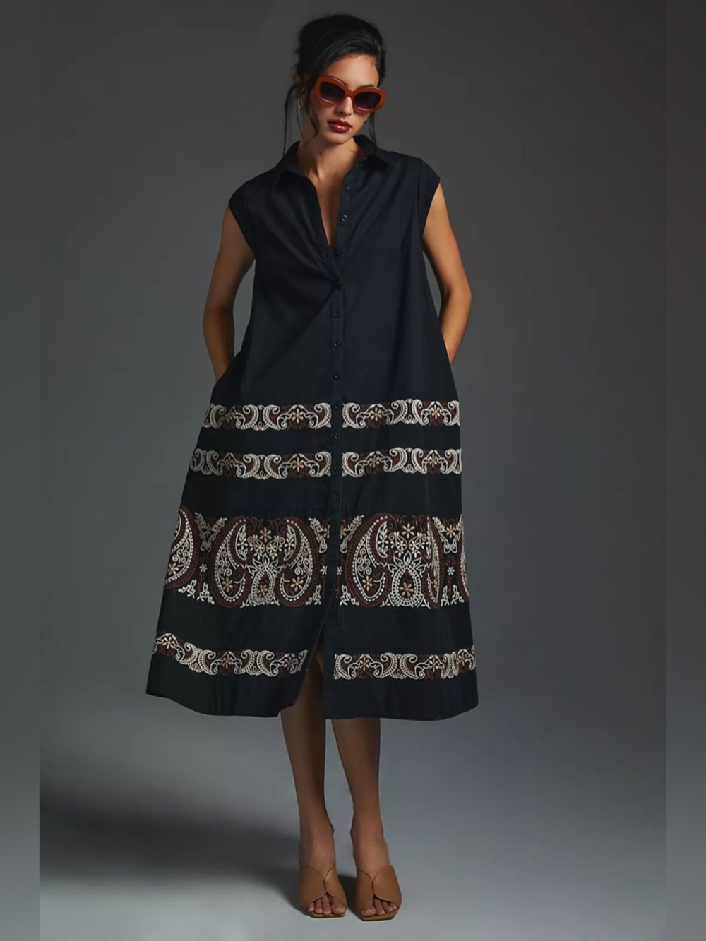 Anthropologie Embroidered Midi Swing Black Shirt Dress